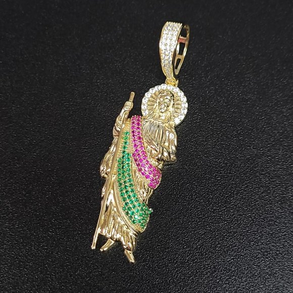 Sterling Silver 925 Gold Plated Multi Color CZ St Jude Hip Hop Pendant - Picture 2 of 2